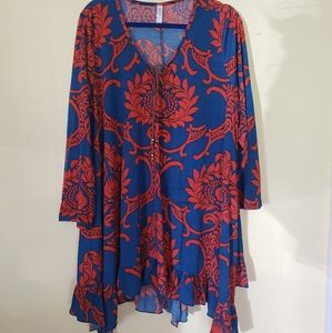 Boho Blue and Red Ruffled Tunic